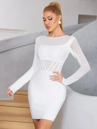 Sukienki swobodne 2023 Autumn Elegancka Sexy See Through White Color Ranyon Bandage Sukienka Kobieta Pakiet Endy Club Night Club Party Outfi