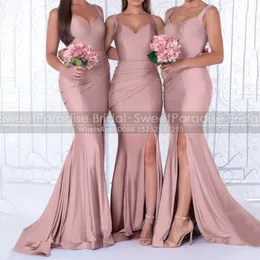 Party Dresses Rose Pink Trumpet Bridesmaid med sidodelad spaghetti veck sjöjungfru Long Maid of Honor Dress 230221
