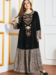 Casual Dresses Black Plus Size Velvet Dress For Women Fall Winter 2023 Vintage Ethnic Print Patchwork Long Sleeve Arabic Muslim Clothes