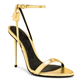 Sandali tacco sottile moda donna open toe cinturino alla caviglia fibbia designer di lusso 105mm passerella estate raso oro lucchetto scarpe eleganti scarpa tacco alto ultra