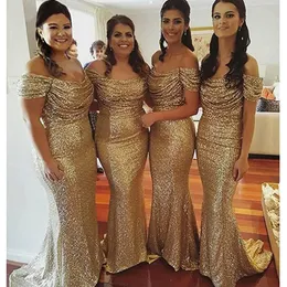 Sparkly Bling Gold Sequined Mermaid Bridesmaid Dresses Off the Shoulder Plus Size Maid of the Honor Gowns Wedding Dress