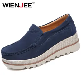 Dress Shoes WIENJEE Spring Platform Women Flats Sneakers Suede Leather Casual Slip On Heels Creepers Moccasins 230220