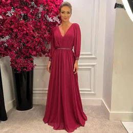 Casual Dresses ADLN Elegant Vneck Dark Red Mother of Bride Long Sleeve Chiffon Wedding Guest Gown Plus Size Mother's Evening 230221