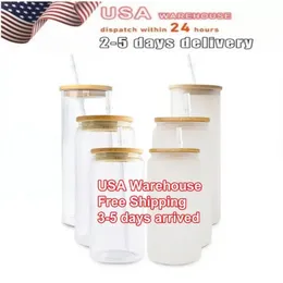 US STOCK 16OZ Sublimation Glass Beer Mugs with Bamboo Lid Straw Tumblers DIY Blanks Frosted Clear Can Cups Heat Transfer DIY Printing Tumblers tt0221