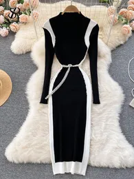 Lässige Kleider Singreiny getäfelter Pullover Kleid 2023 Frauen stehen Hals Langarm Senior Mode Pearl Belt Slim Party Midi Strickte