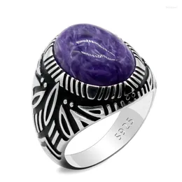 Cluster Rings Real Thai Silver Man 925 SLIVER HÖG Kvalitet med naturlig Charoite Big Purple Stone för män Kvinnor Turkiska smycken