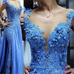 Vestidos casuais Apliques de renda azul Mãe da noiva Pérolas de ilusão de noiva madrinha formal Festa de casamento Evening convidados Vestido mais 230221