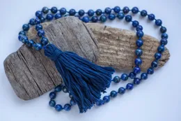 Anhänger Halsketten handgeknotete lange Halskette Naturstein Lapis Lazuli Mala Yoga Quaste