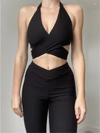 Kvinntankar Cross Halter Backles Tank Top Metal Ring Cut Out Rave Festival Push Up Crop Tops V Neck Clubwear Sexy Summer 2023 Camis