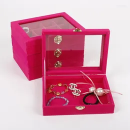 Jewelry Pouches TONVIC 20X15cm Pink Velvet Display Box Ring Bracelet Eearring Necklace Beads Storage Compartments Tray With Glass Lid