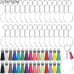 Embrulho de presente 120pcs acr￭lico c￭rculo transparente discos de chaveiro de chavel em branco de couro tassel pingente an￩is de salto diy 230221