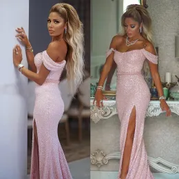 2023 lantejoulas rosa vestidos de baile sereia lateral fenda fora das al￧as do ombro comprimento do piso Feito personalizado, vestidos de festa de noite, vestidos de ocasi￣o formal, desgaste mais tamanho