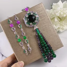 Collares pendientes de alta moda de lujo pendientes de circón collar para mujer cristal verde hermosa elegancia borla cadena conjunto de joyería fina