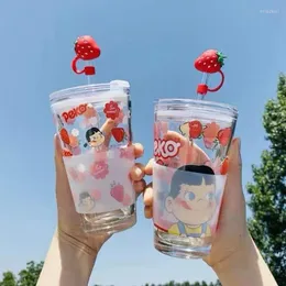 Verres à vin 450ML bouteille d'eau jolie fille fraise dessin animé verre tasse bureau café lait résistant à la chaleur gradué avec paille