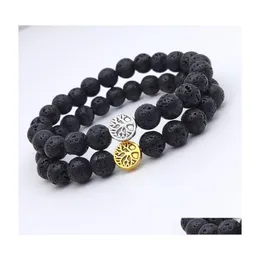 Charm Armbands Tree of Life Charms 8mm Black Lava Stone P￤rled Armband Essential Oil Diffuser Handstr￤ngar f￶r kvinnor M￤n Drop Deli Dhtcy