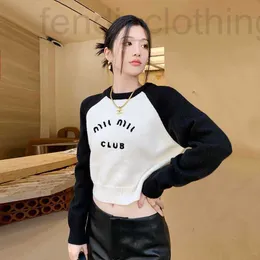 Women's Knits & Tees designer The correct version of Miu family's spring Miao temperament patchwork letter embroidery waist round neck sweater wool female D21G