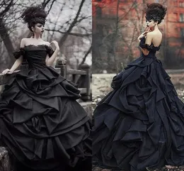 Black Gothic A-Line Wedding Dresses 2023 Plus Size Off Shoulder Cascading Ruffles Lace-up Corset Lace Bridal Dress Mariage
