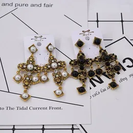 Dangle Earrings Euramerican Vintage Baroque Style Brand Jewelry Rhinestone Black White Pearls Cross Women's Accessories