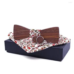 Bow Ties Linbaiway trä bowties Handkercheif manschettknappar set för mäns kostym trä tie hankies gravatas smal cravat med låda