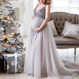 Sexig moderskapsskytte klänning paljetter tyll graviditet pografiska klänningar ärmlös maxi klänning för gravida kvinnor långa po prop324c