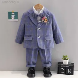 Kläder sätter barn formell rutig dräkt set Autumn Winter Boys Wedding Party Piano Performance Host Come Kids Blazer Vest Pant Bowtie 4pcs W0222