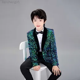 Kläder sätter barns tredimensionella färgförändrande paljettklänning pojke catwalk cool piano prestanda liten värd kostym prestanda singel w0222