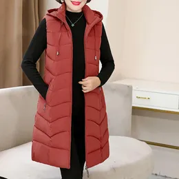 Women's Down Long Winter Vest Jack Solid Hooded Pockets Zipper Padded Ladies Casual Sleeveless Jacket Warm Waistcoat For Female