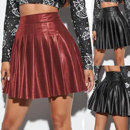 Two Piece Dress 2023 Women High Waist Aline Pleated Skirt Girls Punk Gothic Black Latex Side Invisible Zip Flared Mini Skirts Chic Club Wear 230222