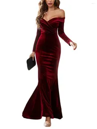 Casual Dresses BEAFNKSG Damen Samt Langarm Off-Shoulder Rückenfrei Cocktailkleid Elegant Abend Prom Figurbetont Party