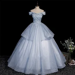 Party Dresses Light Blue Shining Quinceanera Off The Shoulder Lace Floral Tulle Ball Gown Floorlength Elegant Vestido De Baile 230221