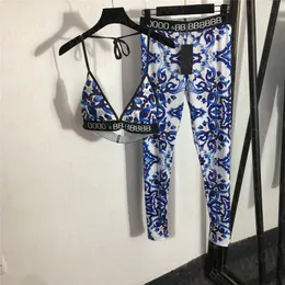 Vintage tryck dam träningsoverall Ärmlös vadderad rygglös bh Leggings Yoga outfits Fritidsmode dam sportkläder