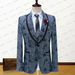 Abiti da uomo Blazer 2023 Abito su misura Uomo Blu Denim Jacquard Smoking da sposa Scialle di velluto Risvolto Cappotto da uomo d'affari moda maschile 230222