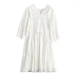 Festklänningar kanske U White Red Lace Patchwork Hollow Out Half Sleeve V Neck Empire Lace-Up Dress Bohemian Summer D1569