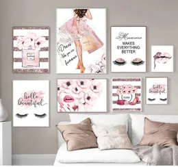 Pittura Immagine della parete Modern Girl Room Decorazione della casa Fiore rosa Profumo Moda Poster Ciglia Labbra Trucco Stampa su tela Woo