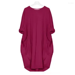 Casual Dresses Autumn Solid Color Dress Women 2023 Fahsion Pocket O Neck Long Sleeve Loose Vintage Female Plus Size Midi