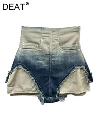 Shorts femininos deat moda jeans falsa 2 pcs de cintura alta zíper emendado bolso burr jeans short jeans primavera 2023 17a6097 230222