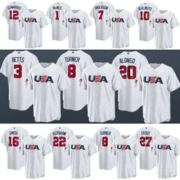 22 Clayton Kershaw USA Baseball White 2023 World Baseball Player Jersey Mookie Betts Will Smith Adam Wainwright Trea Turner Mike Trout J.T. Realmuto Kyle Tucker Menz1