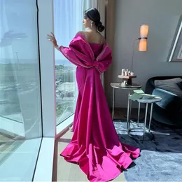 Fuchsia Saudiarabien prom kl￤nningar fl￤ckar stroppl￶s p￤rlstav stor b￥ge delad sida l￥ng kvinnlig kv￤ll formella kl￤nningar vestidos de fieast 2023