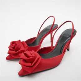 Sandaler TRAF 2022 Dam Flower Slingbacks Pumps Spetsad tå Bröllop Bröllop Höga klackar Röda tunnklackade sandaler Dam Elegant klacksko J230222