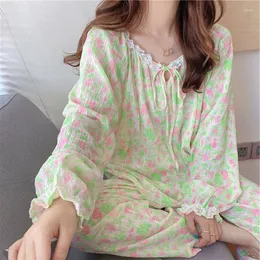 Women's Sleepwear Ins Style Women's Long Sleeve Flowers Pajama Sets.Fluorescent Color Floral Tops.