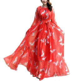 Ropa étnica Boho Estampado rojo Gasa Playa Maxi Vestido Una línea Moda musulmana Manga larga Vestido de mujer Fiesta elegante Viaje po pografía 230222