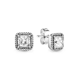 Square Sparkle Halo Stud Earrings for Pandora Authentic Sterling Silver Wedding designer Jewelry For Women Men Girlfriend Gift CZ Diamond Earring with Original Box