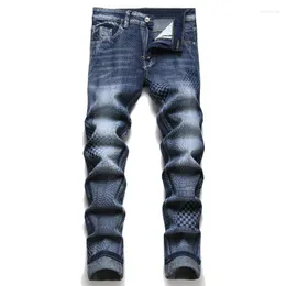 Men's Jeans Men Digital Print Slim Tapered Stretch Denim Pants Geometry Check Plaid Wave Painted Cotton Trousers Blue Black