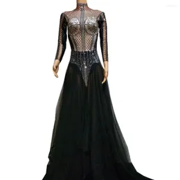 Stage Wear Glisten Long Sleeve Rhinestone Black Voile Dress Women Nightclub Performance Outfit Graceful Evening Prom Party Dresses