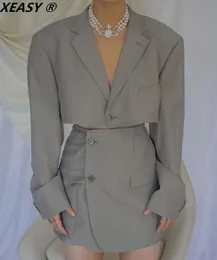 İki parçalı elbise xeasy kadın moda seti vintage tek düğme kısa blazer kadın yüksek bel asimetrik aline etek İngiltere tarzı takım elbise 230222