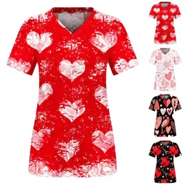 Women's T Shirts Valentine's Day Print Scrub Working Uniforms For Women Workwear V-neck Femme Blouse Short Sleeve Para