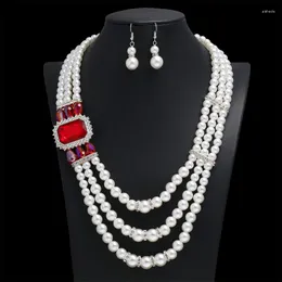Necklace Earrings Set UDDEIN African For Women Big Red Gem Flower Collar Multi Layer Pearl Nigerian Wedding