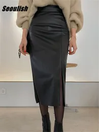 Casual Dresses Seoulish Black PU Faxu Leather Women's Wrap Skirts Autumn Winter High Waist Front Split Sheath Pencil Skirts Female 230222