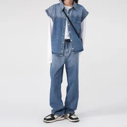 Män jeans män gradient denim väst sätter streetwear mode hip hop löst casual ärmlös jacka byxor manlig västbyxor