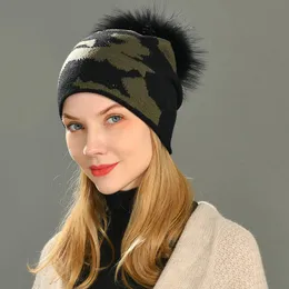 Beanies Beanie/Skull Caps Women Hat Winter Worm Knitte Cap Camo Rhinestone Skullies Real Raccoon Fur Pompom